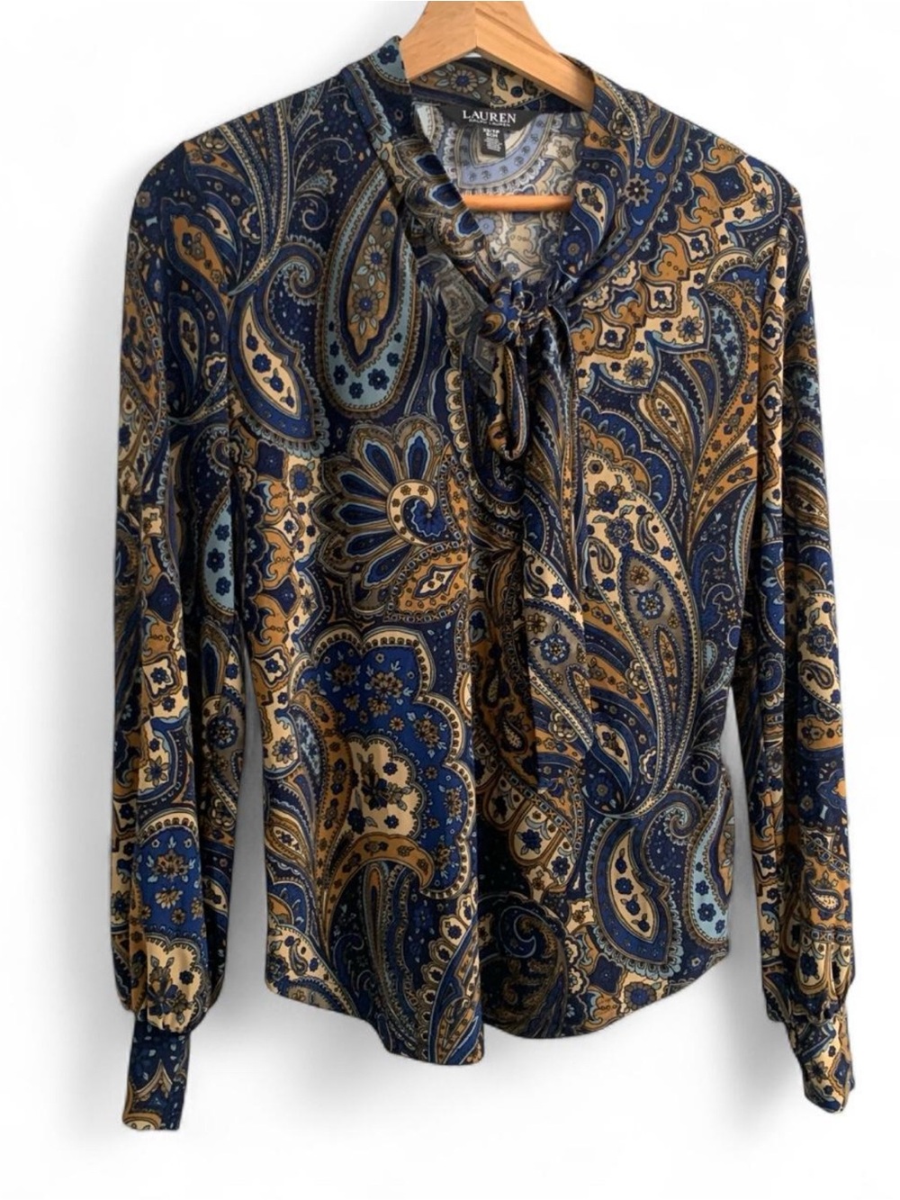 NWOT Ralph Lauren Navy and Gold Paisley Tie-Neck Blouse Size XS #Tie Front Top
